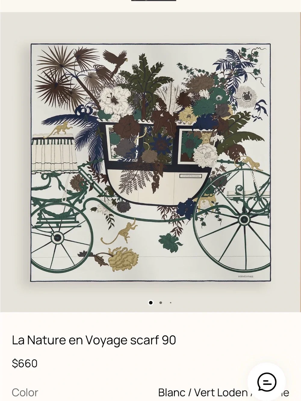 NWT - Hermes - La Nature en Voyage Scarf 90 - Blanc/Vert Loden